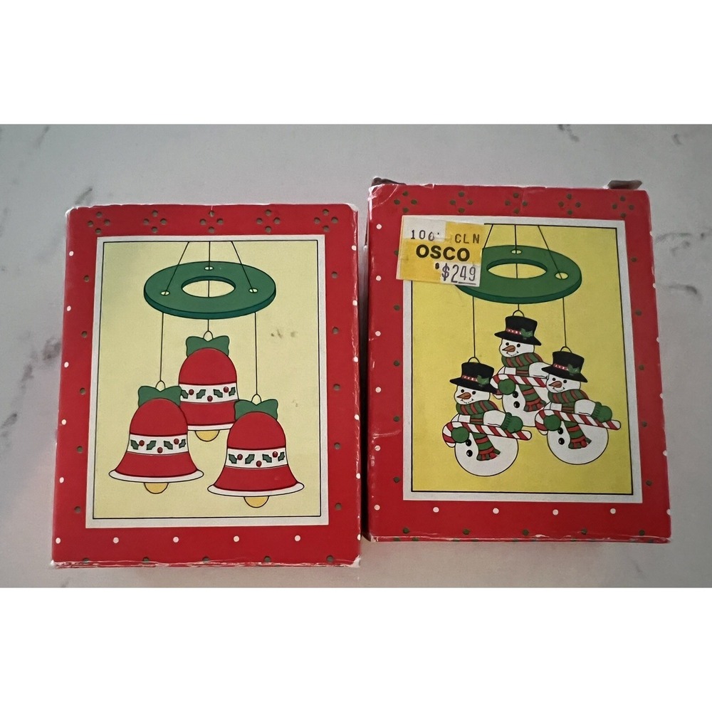 Vintage RUSS Holiday‎ Windchimes,  Ceramic hanging ornaments. Bell & Snowman